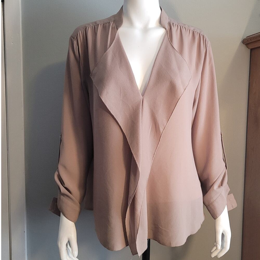 ALBERTO MAKALI Drape Front Blouse Top L Taupe Sheer Overlay Career Boho Chic